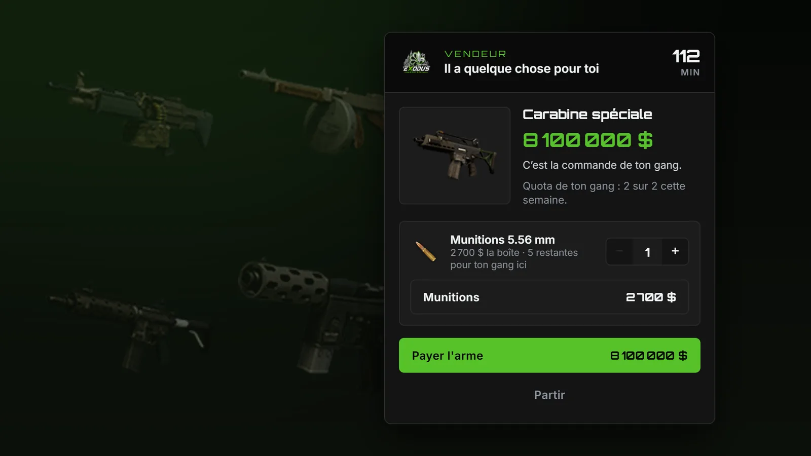 Le panneau du vendeur : une Carabine spéciale à 8 100 000 $, les munitions 5.56 en option, Payer l'arme ou Partir