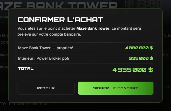 La confirmation d'achat : chaque ligne, le total, Retour ou Signer le contrat