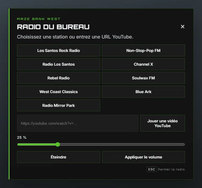 La radio du bureau : stations et URL YouTube, volume