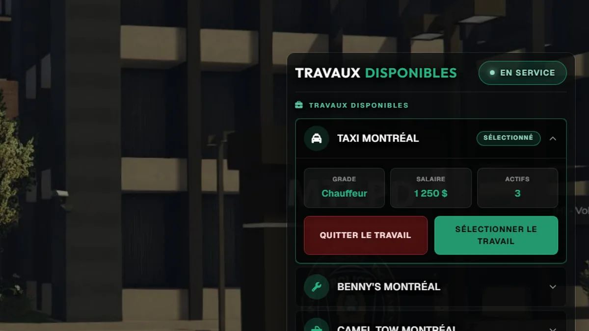 Le menu Mes emplois : Taxi Montréal déplié avec son grade, son salaire et le nombre d'actifs