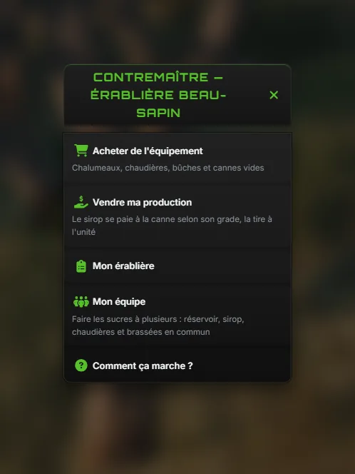 Le menu du contremaître : Acheter de l'équipement, Vendre ma production, Mon érablière, Mon équipe, Comment ça marche ?