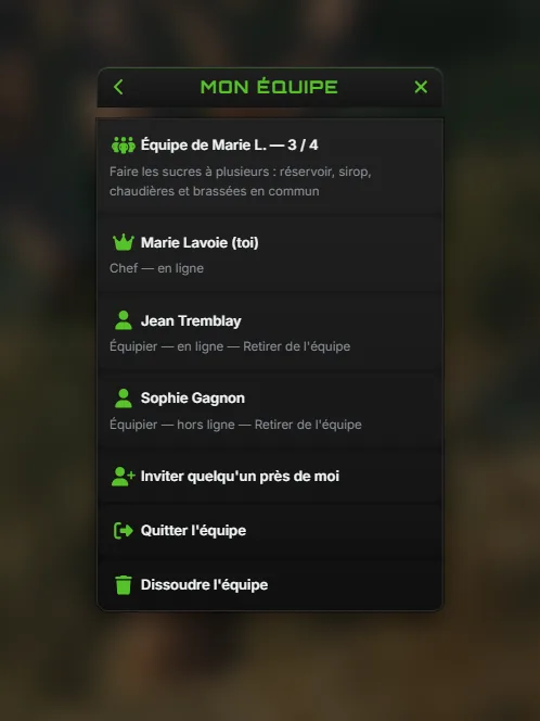 Le menu Mon équipe vu par le chef : trois équipiers sur quatre, Inviter quelqu'un près de moi, Quitter l'équipe, Dissoudre l'équipe