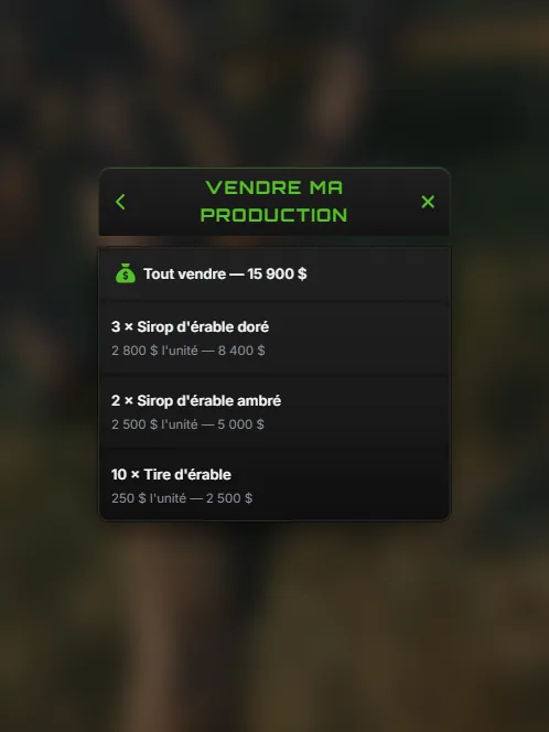 Le menu Vendre ma production : Tout vendre, puis chaque grade avec son prix à l'unité et le total
