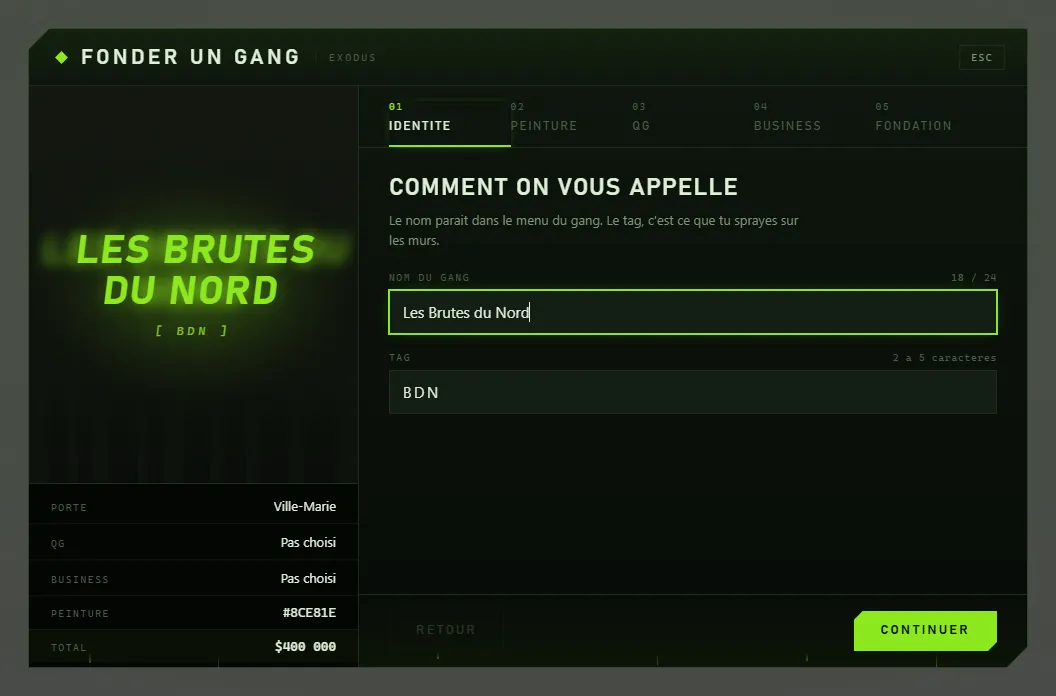 Étape Identité : nom du gang, tag et récapitulatif