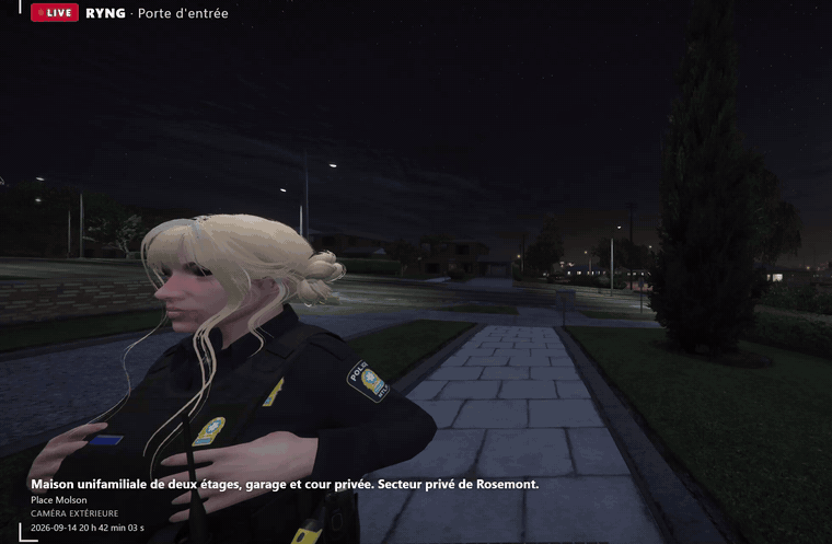 Vue en direct de la caméra Ryng : le devant d’une maison de Place Molson, la nuit, bandeau LIVE RYNG · Porte d’entrée