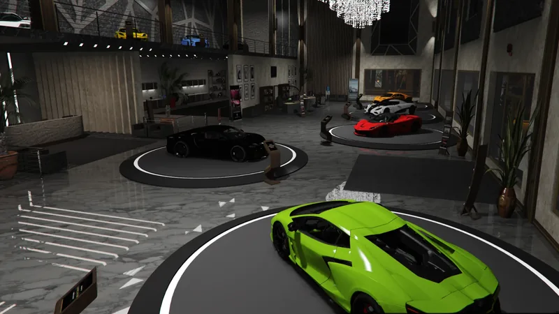 Le showroom d'une concession, des voitures sur des plateaux tournants
