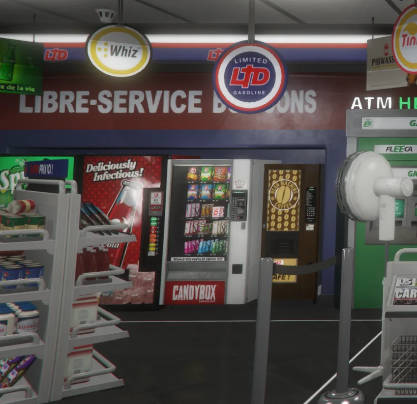 Le coin libre-service d'un LTD : distributrices, café et guichet