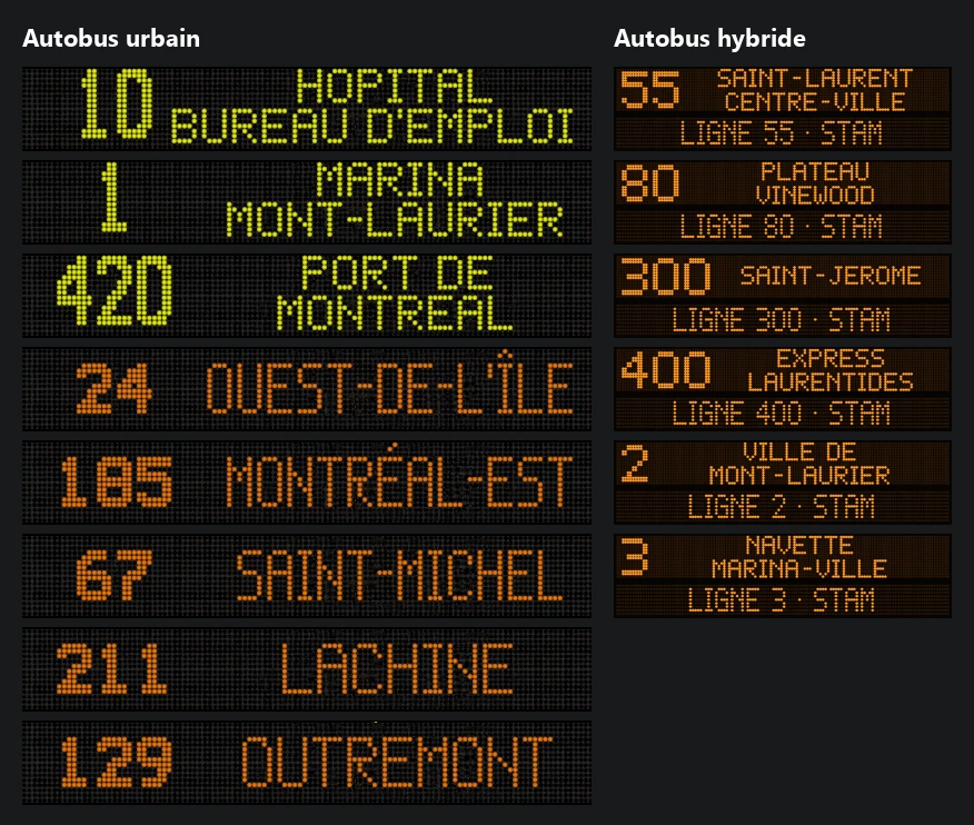 Les girouettes des deux autobus, une par ligne
