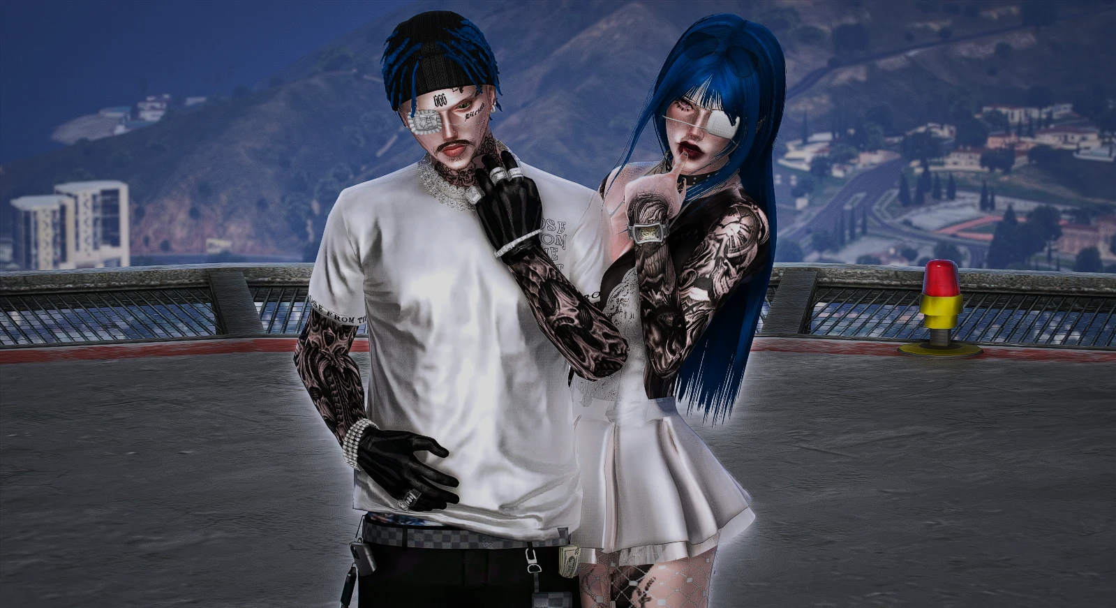 Deux personnages en streetwear avec tatouages et bijoux