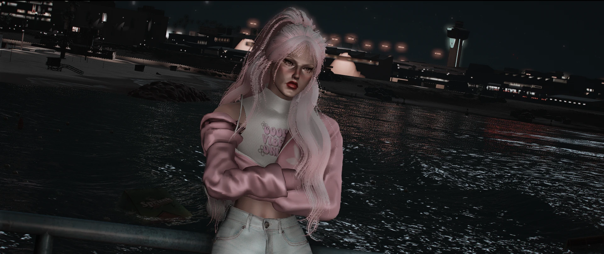 Personnage féminin en kit rose, cheveux longs