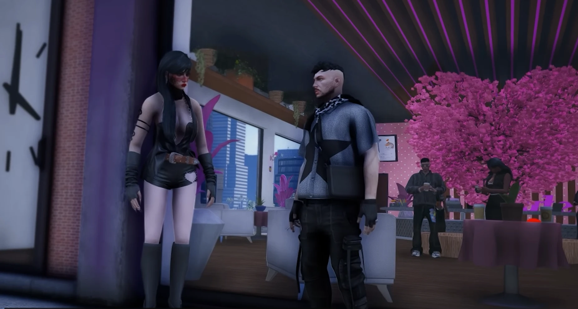 Deux personnages dans un café, tenues urbaines