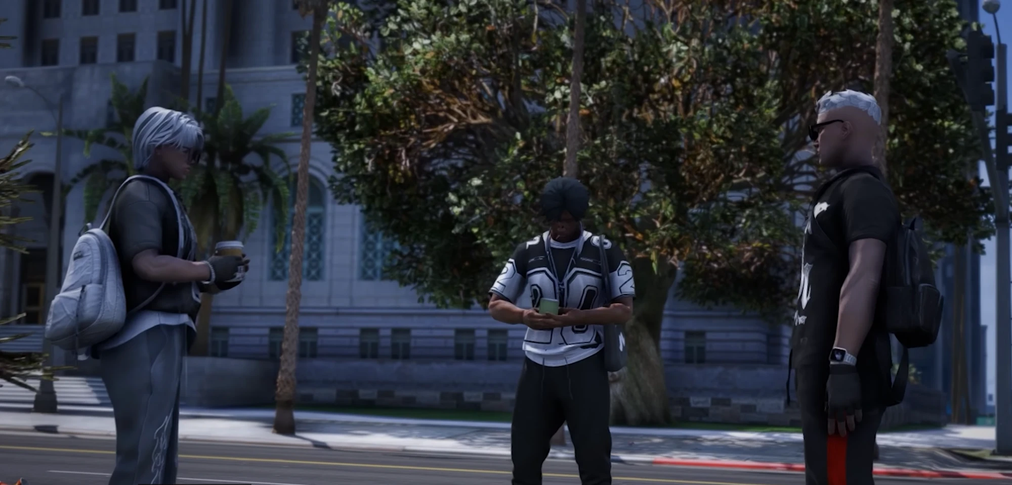 Trois personnages en streetwear qui discutent en ville