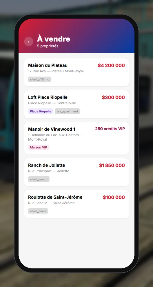 La liste À vendre de Merax : chaque propriété avec son quartier, son prix et ses étiquettes (le modèle, meublé ou non, la tour, Maison VIP)