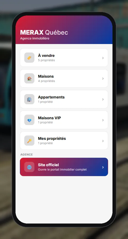 L'app Merax : À vendre, Maisons, Appartements, Maisons VIP, Mes propriétés, Site officiel