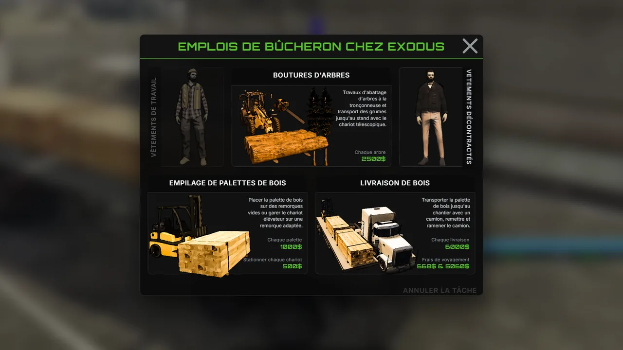Le menu du contremaître : tenue de travail, coupe d'arbres, empilage de palettes, livraison de bois, vêtements décontractés