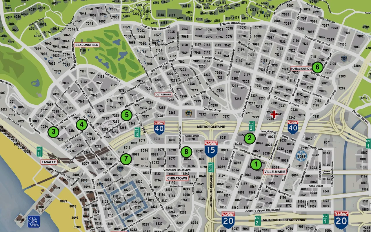 Carte : 1. Maze Bank Tower, 2. Centre d'affaires Arcadius, 3. Lombank Ouest, 4. Maze Bank Ouest, 5. Agence d'Outremont, 6. Agence du Plateau, 7. Agence de Lachine, 8. Agence du Quartier Chinois
