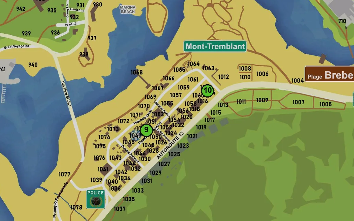 Carte : 9. Dépôt de fournitures, 10. Chantier Mont-Tremblant