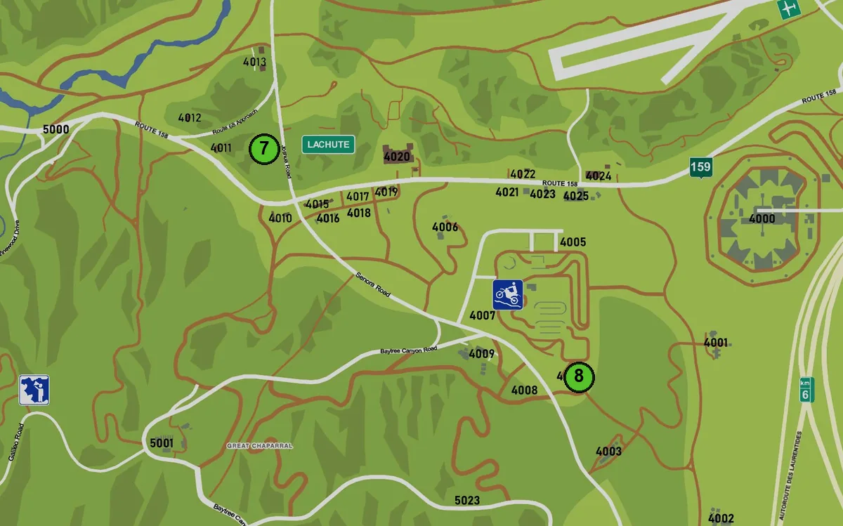 Carte : 7. Dépôt de fournitures, 8. Chantier Route 158