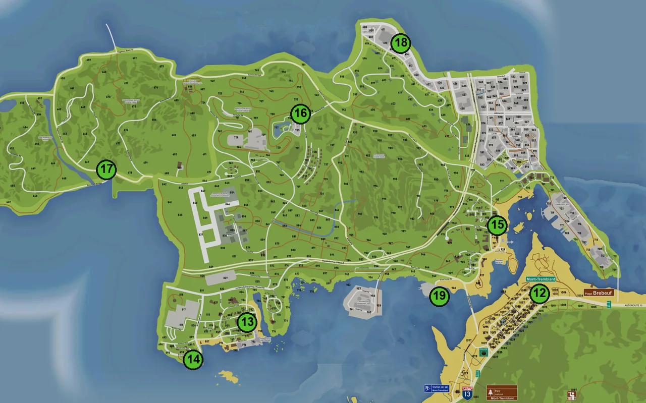 Carte : 12. Mont-Tremblant, 13. Mont-Laurier Centre-Ville, 14. Mont-Laurier Quai Ouest, 15. Marina de Mont-Laurier, 16. Camping Arroyo Vivo, 17. Mont-Laurier Nord-Ouest, 18. Mont-Laurier Nord, 19. Quais de la Marina