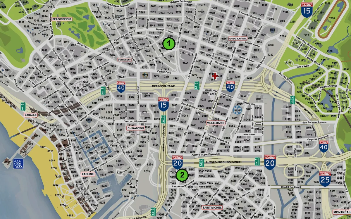 Carte : 1. Montréal Customs, 2. Benny's Montréal