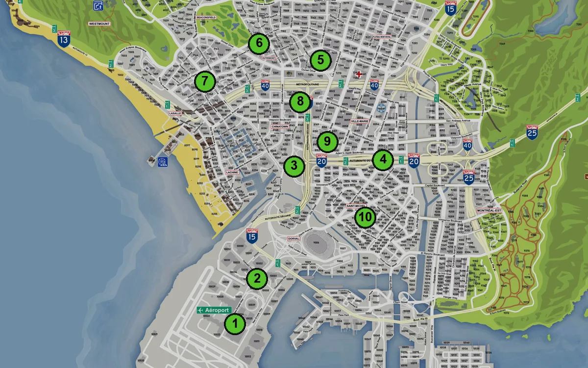 Carte : 1. STAM Terminal 4, 2. STAM Stationnement, 3. Dorval, 4. Saint-Michel, 5. Golden Square Mile, 6. Outremont, 7. LaSalle, 8. Quartier Chinois, 9. Ville-Marie, 10. Villeray