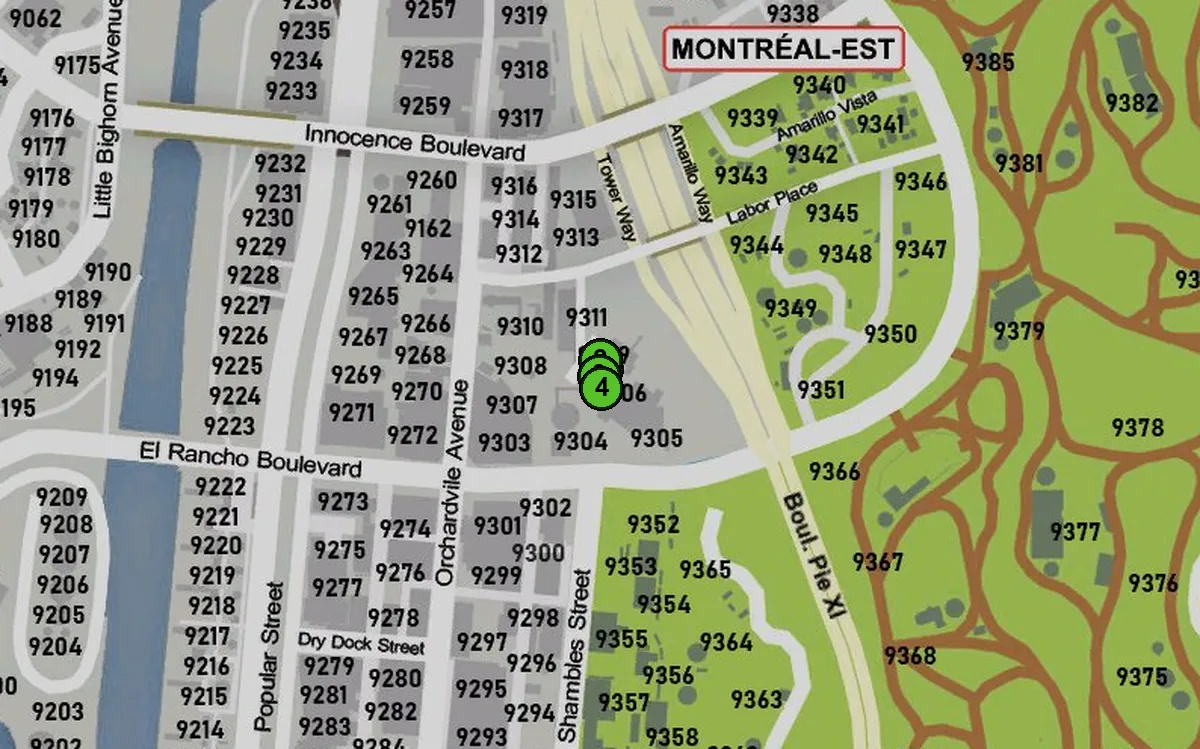 Carte : 1. Bob le Mineur, 2. Magasin de minage, 3. Revente de lingots, 4. Fonderie de Montréal