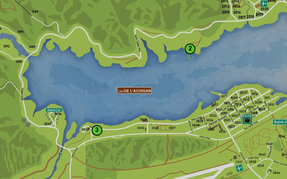 Carte : 2. Quai du lac de l'Achigan, 3. Poissonnerie du lac de l'Achigan