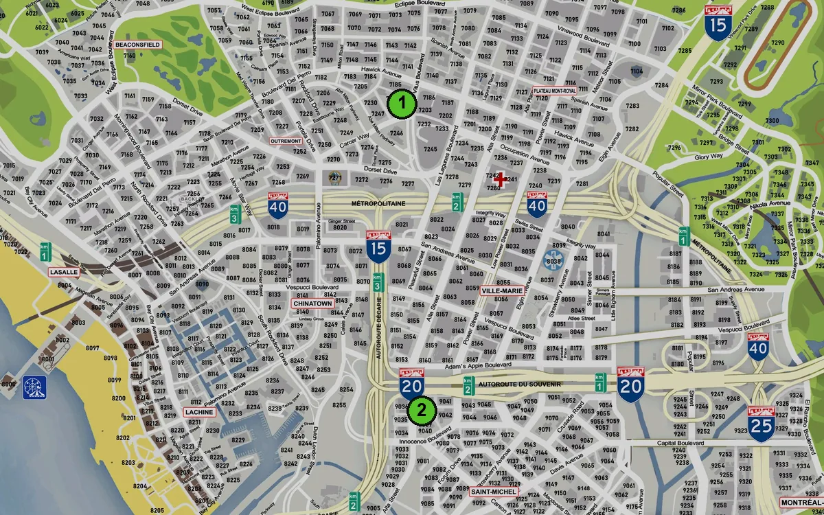Carte : 1. Montréal Customs, 2. Benny's Montréal