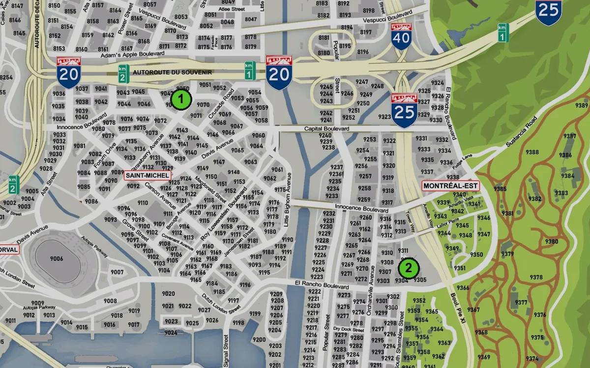 Carte : 1. Prêteur sur gages, 2. Fonderie de Montréal
