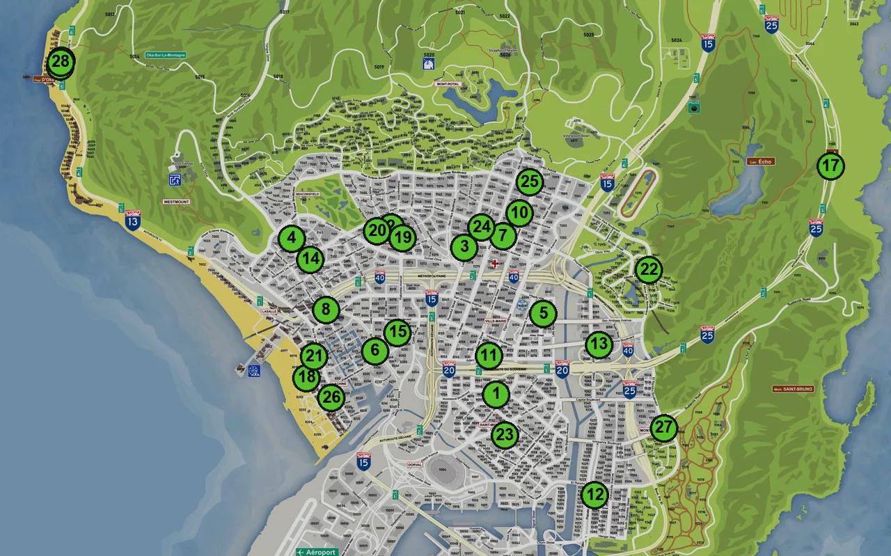 Carte : 1. BINCO, 2. Ponsonbys, 3. Ponsonbys, 4. Ponsonbys, 5. BINCO, 6. BINCO, 7. Sub Urban, 8. Sub Urban, 9. Sub Urban, 10. Ammunation, 11. Ammunation, 12. Ammunation, 13. Ammunation, 14. Ammunation, 15. Ammunation, 16. Ammunation, 17. Ammunation, 18. Masques Vespucci, 19. Bijouterie Vangelico, 20. Bob Mulet, 21. Beachcombover Barbier, 22. Herr Kutz, 23. Herr Kutz, 24. Coiffeur Hawick, 25. Salon de tatouage, 26. Salon de tatouage, 27. Salon de tatouage, 28. Salon de tatouage