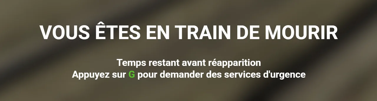 L'écran de coma : « Vous êtes en train de mourir », le temps restant avant réapparition et le rappel « Appuyez sur G pour demander des services d'urgence »