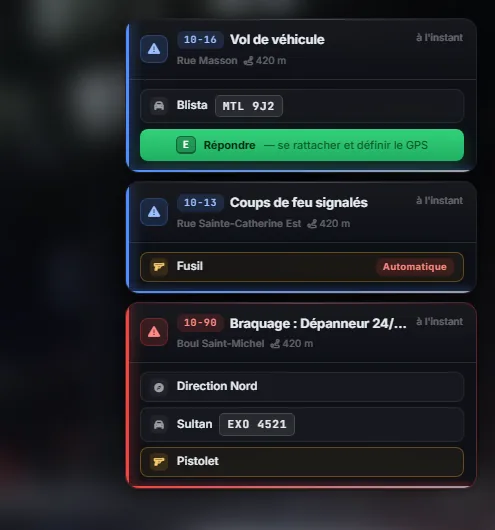 Trois appels de répartition à l'écran d'un policier : vol de véhicule avec la plaque, coups de feu avec l'arme, braquage de dépanneur avec la direction de fuite, le véhicule et l'arme