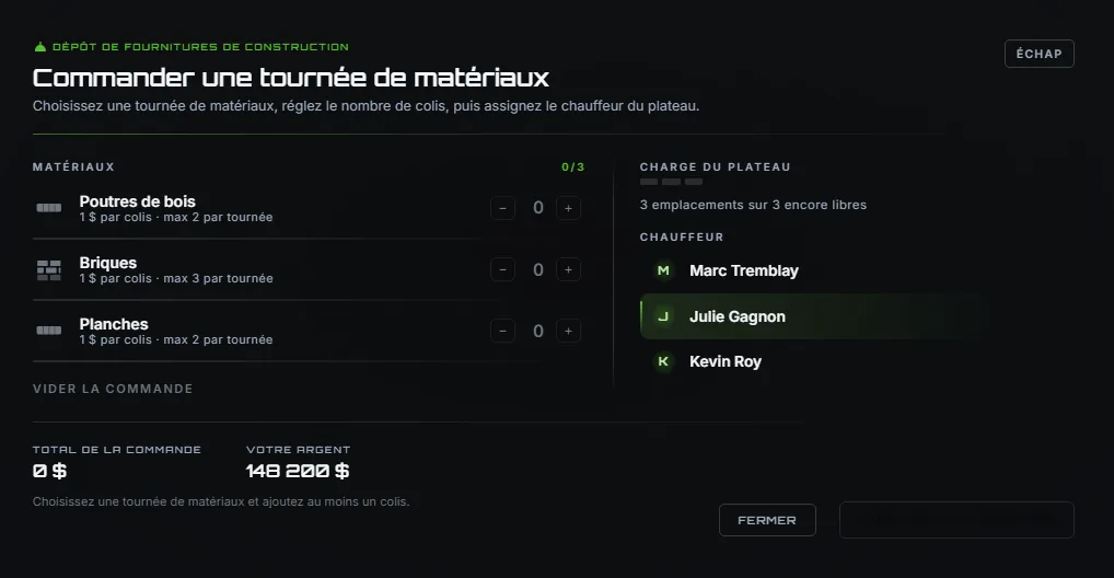 La commande d'une tournée de matériaux
