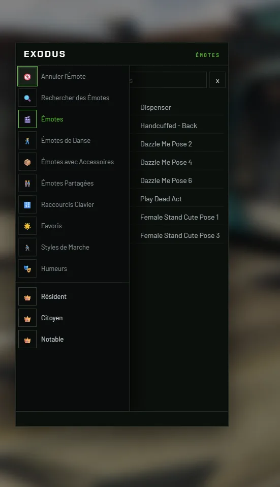 Le menu des emotes : les catégories à gauche (Émotes, Émotes de danse, Émotes avec accessoires, Émotes partagées, Raccourcis clavier, Favoris, Styles de marche, Humeurs) et la liste à droite