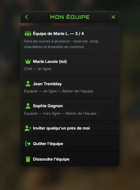 Le menu Mon équipe du chef : l'équipe à 3 sur 4, les équipiers en ligne ou hors ligne, Inviter quelqu'un près de moi, Quitter l'équipe, Dissoudre l'équipe