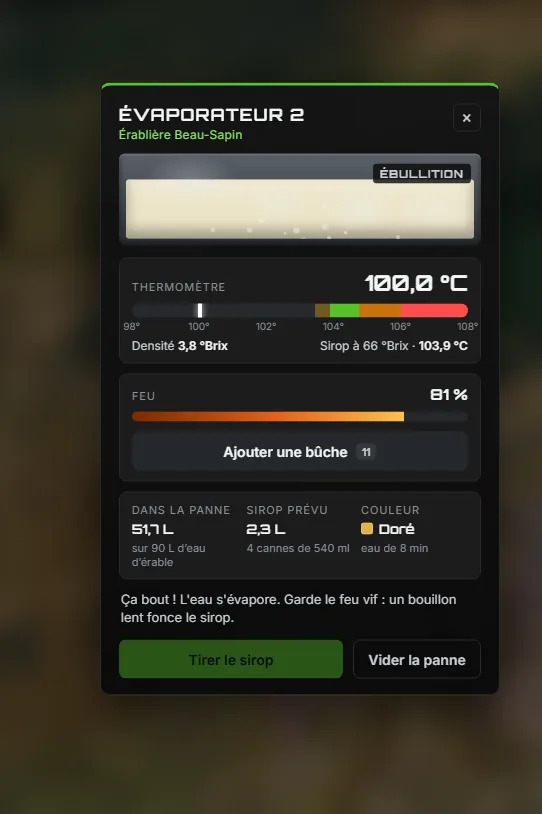 Le panneau de l'évaporateur pendant l'ébullition : 100,0 °C, 3,8 °Brix, feu à 81 %, « Ça bout ! L'eau s'évapore »