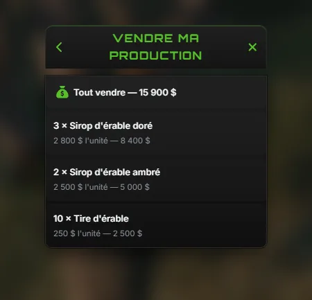 Le menu Vendre ma production : Tout vendre en haut, puis chaque grade avec son prix à l'unité et le total