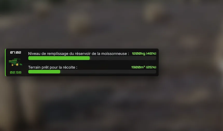 Le HUD pendant la récolte : réservoir de la moissonneuse et terrain prêt