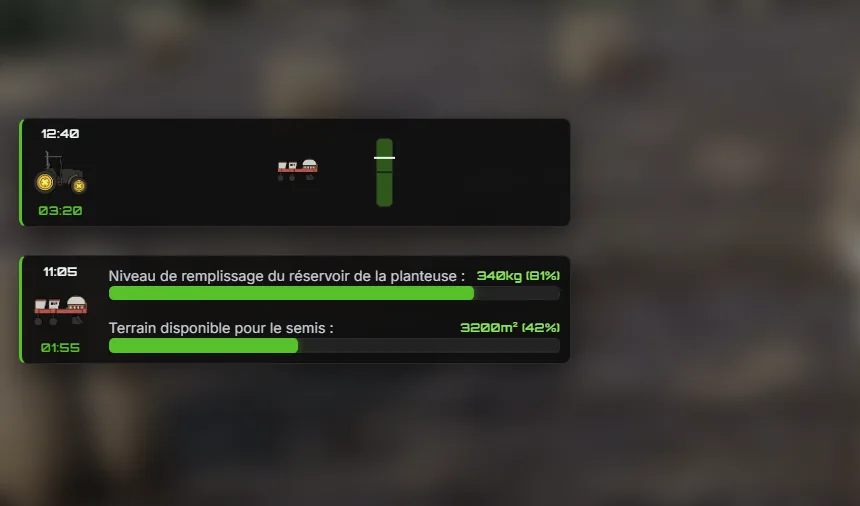 Le HUD pendant le semis : tracteur avec planteuse attelée, réservoir et terrain à semer