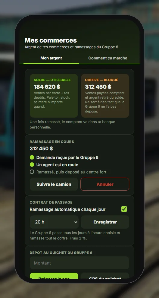 L'app Mes commerces : le solde utilisable, le coffre bloqué, un ramassage en route, le contrat de passage