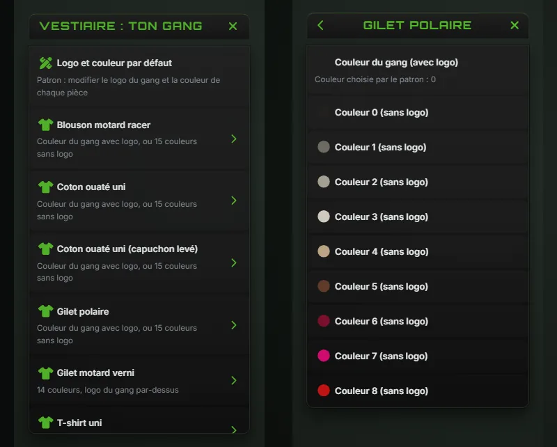 Le menu Linge du gang : la liste des pièces, puis les couleurs d'une pièce
