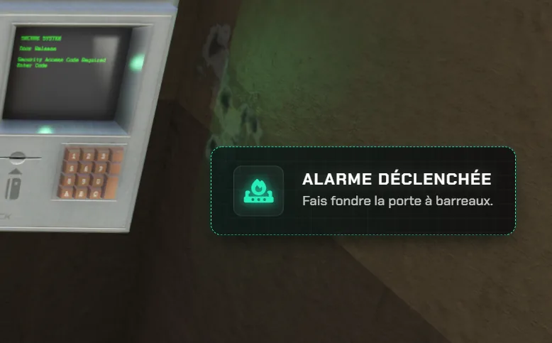 En jeu : un clavier de sécurité et la notification « Alarme déclenchée — Fais fondre la porte à barreaux »