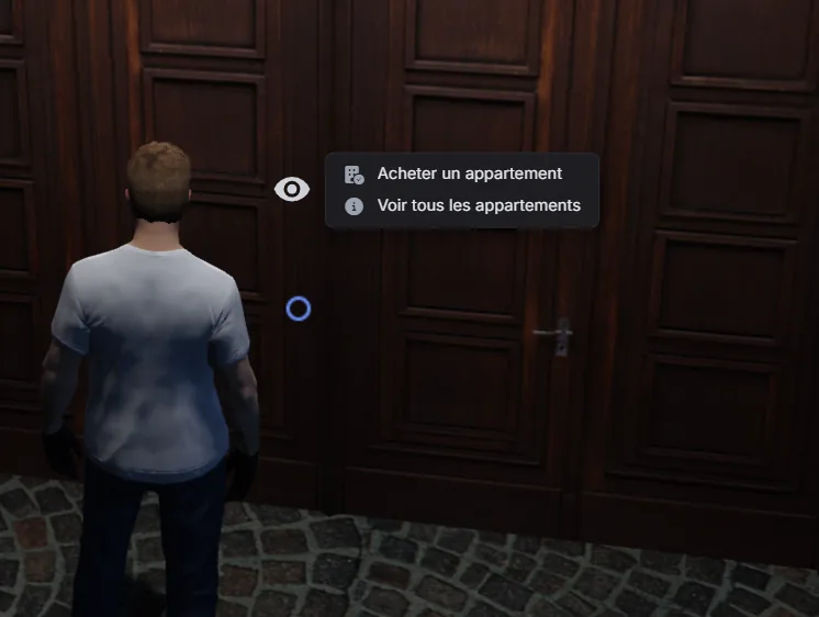En jeu, devant la porte d'une tour : la cible propose Acheter un appartement et Voir tous les appartements