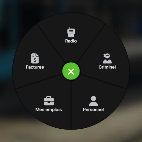 La roue de base du menu radial : Radio, Criminel, Personnel, Mes emplois, Factures