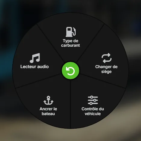 Le sous-menu Véhicule : Type de carburant, Changer de siège, Contrôle du véhicule, Ancrer le bateau, Lecteur audio