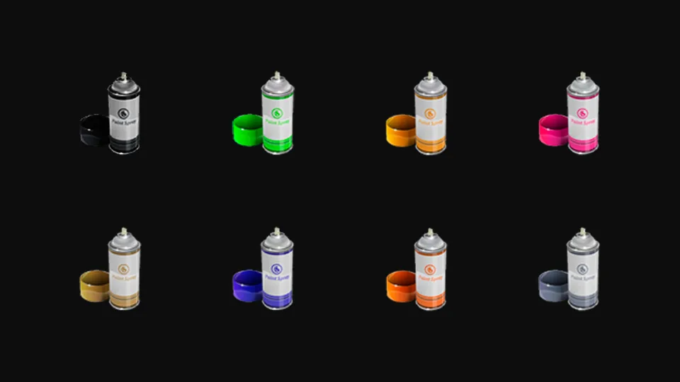 Les huit teintes d'arme : bombes de peinture noire, verte, or, rose, armée, bleue, orange et platine