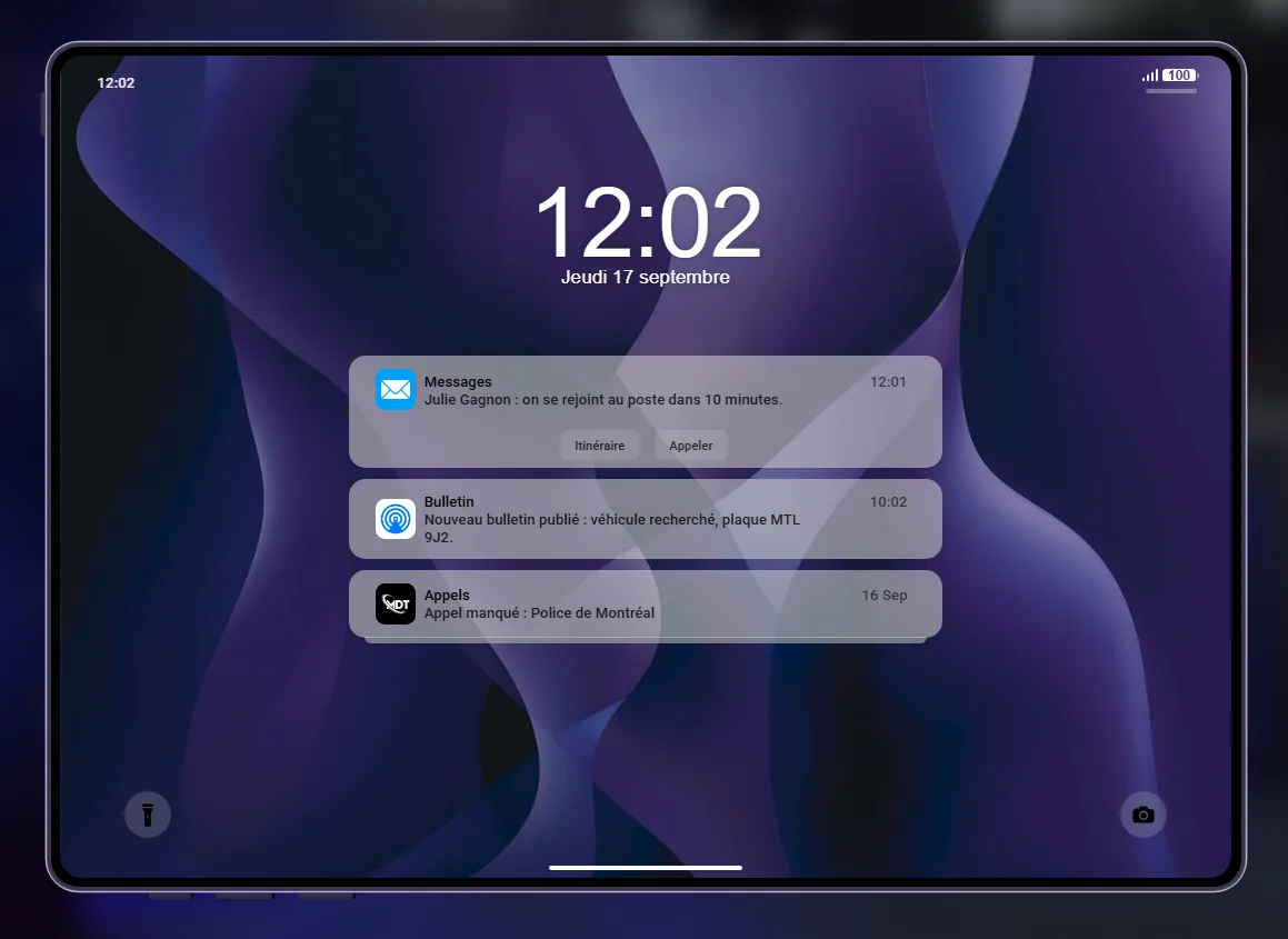 La tablette de travail des services, écran verrouillé, avec des notifications de messages, de bulletin et d'appel manqué