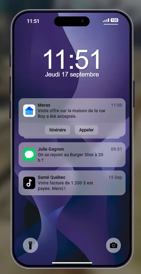 L'écran verrouillé du téléphone avec trois notifications : Merax, un message d'une amie, une facture de Santé Québec